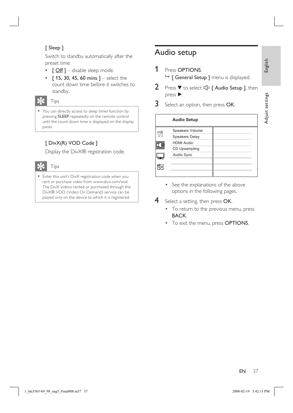 Audio setup 1 | Philips HTS3569 User Manual | Page 37 / 48