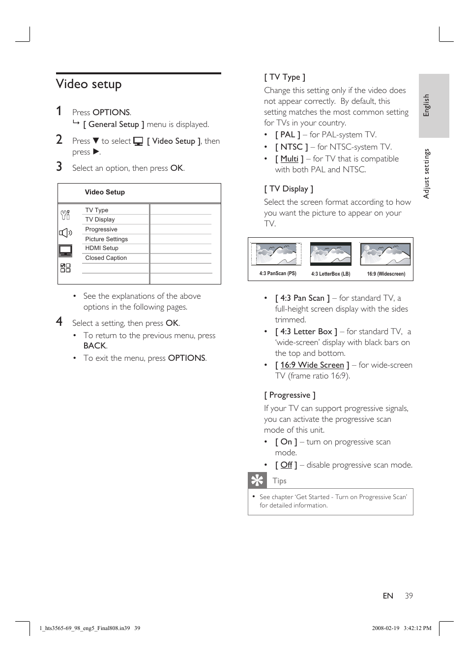 Video setup 1 | Philips HTS3569 User Manual | Page 39 / 48