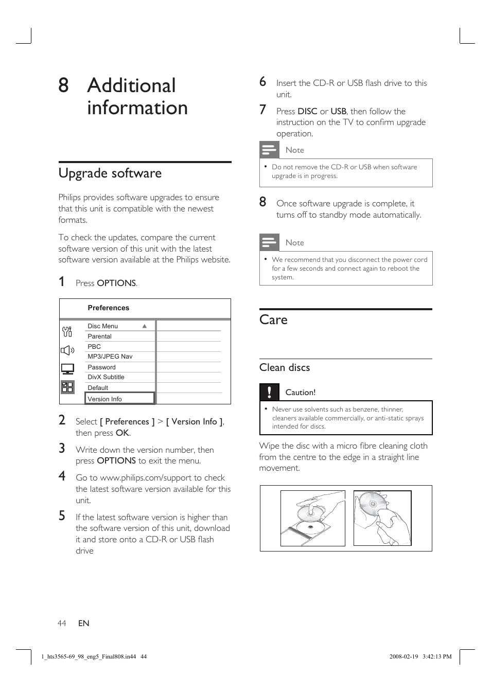 8 additional information, Upgrade software, Care | Philips HTS3569 User Manual | Page 44 / 48