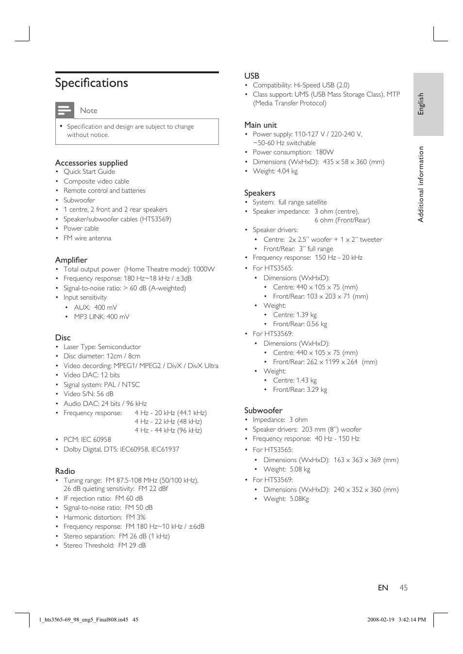 Specifi cations | Philips HTS3569 User Manual | Page 45 / 48