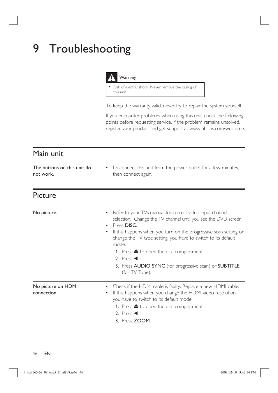 9 troubleshooting, Main unit, Picture | Philips HTS3569 User Manual | Page 46 / 48