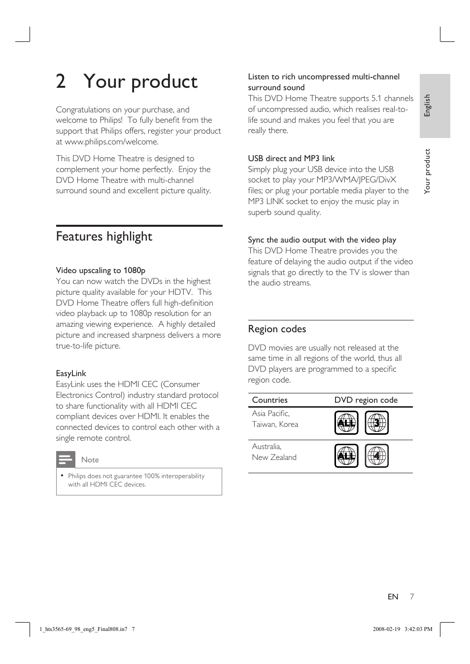 2 your product, Features highlight, Region codes | Philips HTS3569 User Manual | Page 7 / 48