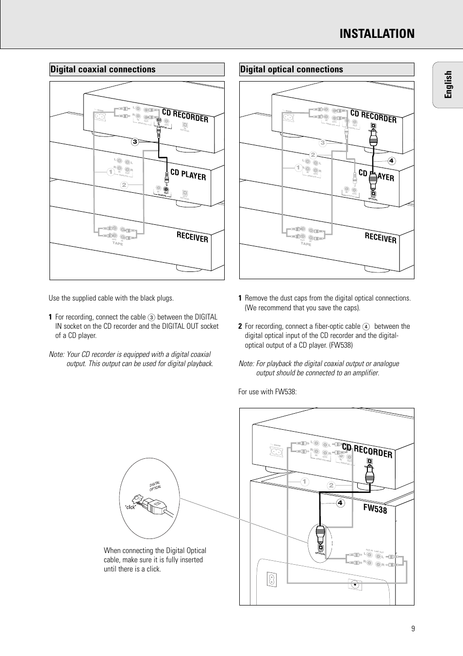 Installation, English, Digital optical connections | Digital coaxial connections, Fw538, Cd recorder, Receiver cd pla yer | Philips CDR 560 User Manual | Page 11 / 55