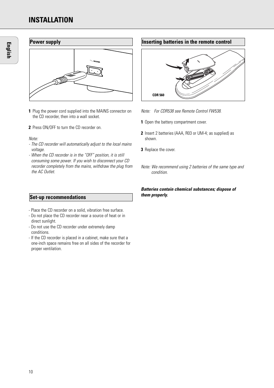 Installation | Philips CDR 560 User Manual | Page 12 / 55