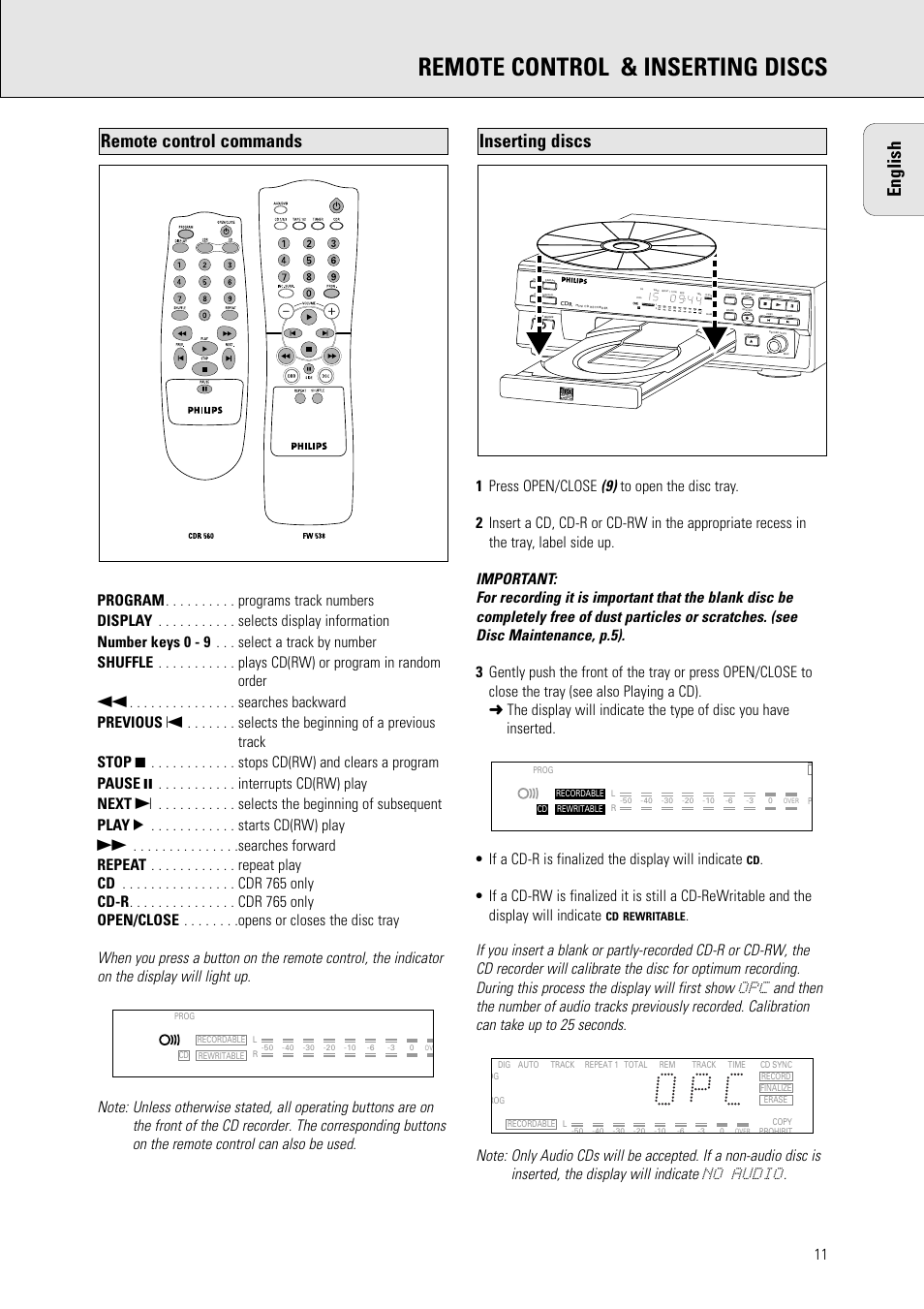 Remote control & inserting discs, English, Inserting discs | Remote control commands, Over, Cd rewritable | Philips CDR 560 User Manual | Page 13 / 55