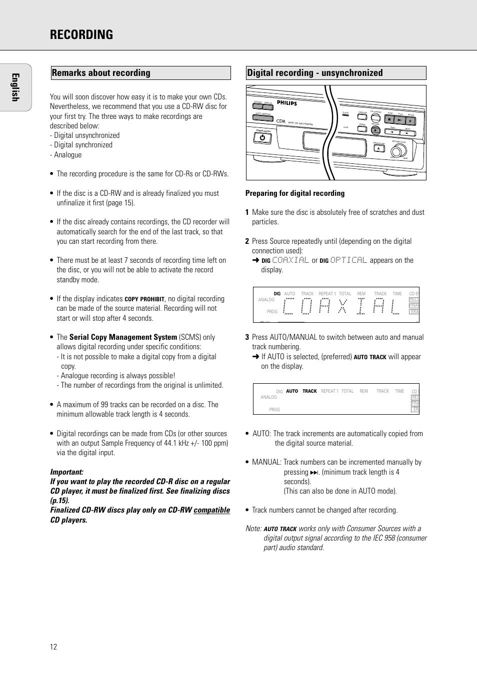 Recording, English, Coaxial or | Philips CDR 560 User Manual | Page 14 / 55