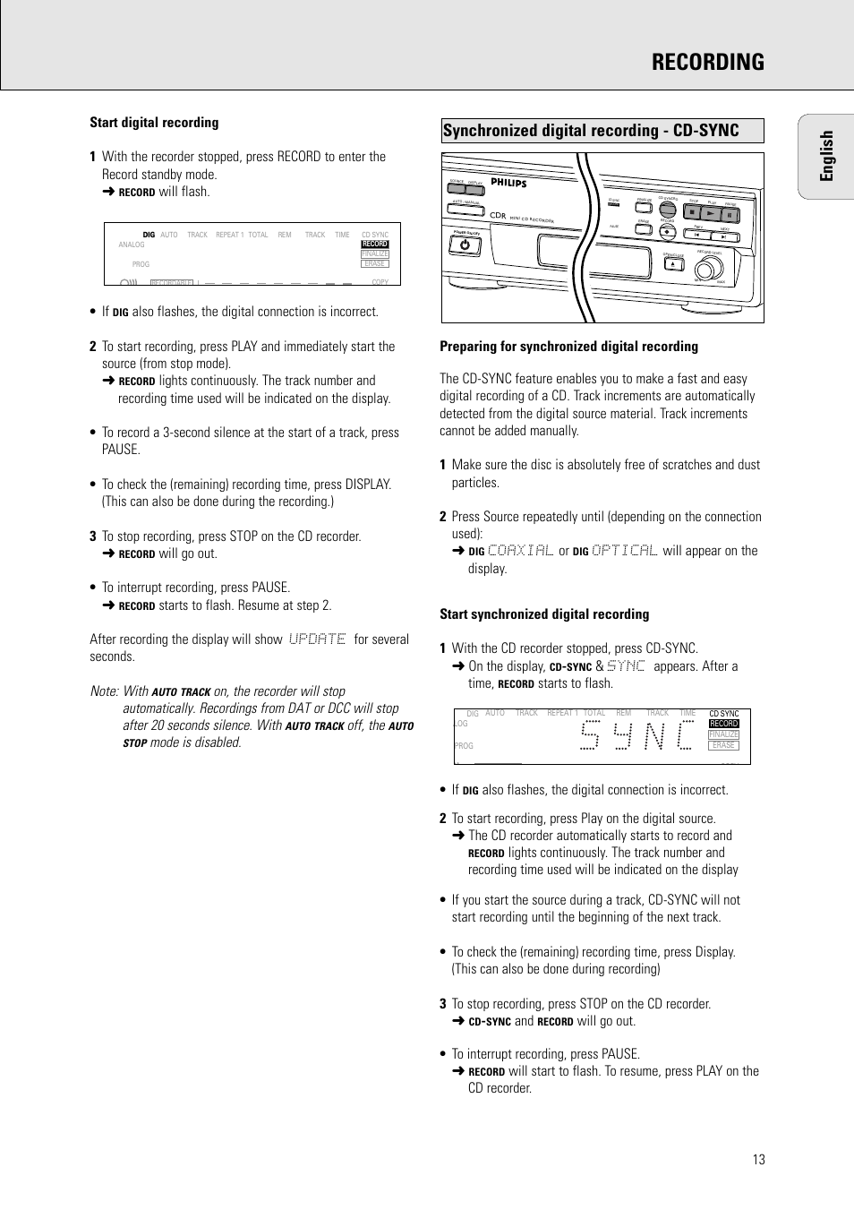 Recording, English, Synchronized digital recording - cd-sync | Will flash. • if, Will go out. • to interrupt recording, press pause, Off, the, Coaxial or, Sync appears. after a time, Starts to flash. • if | Philips CDR 560 User Manual | Page 15 / 55