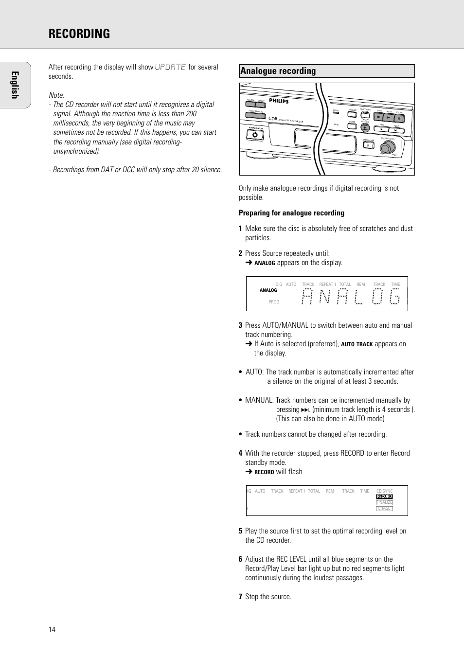 Recording, English, Analogue recording | Philips CDR 560 User Manual | Page 16 / 55