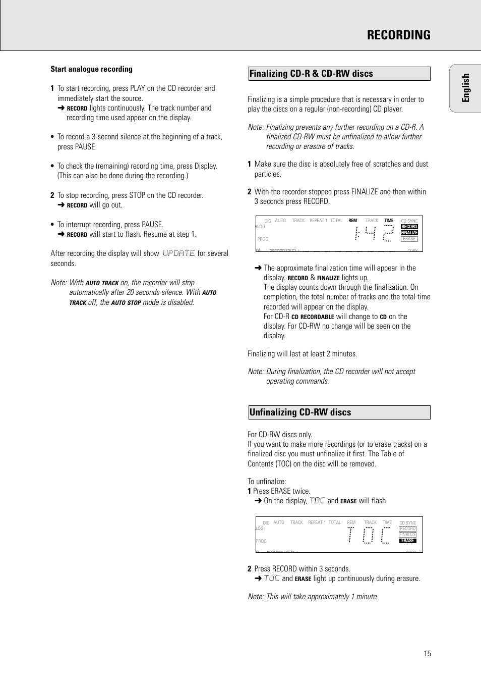 Recording, English, Unfinalizing cd-rw discs | Finalizing cd-r & cd-rw discs | Philips CDR 560 User Manual | Page 17 / 55