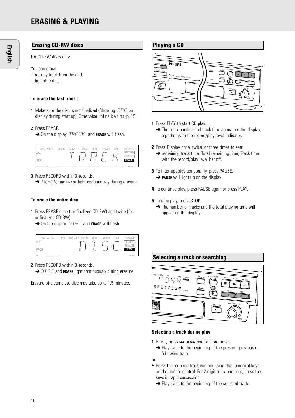 Erasing & playing, English, Selecting a track or searching | Playing a cd, Erasing cd-rw discs | Philips CDR 560 User Manual | Page 18 / 55