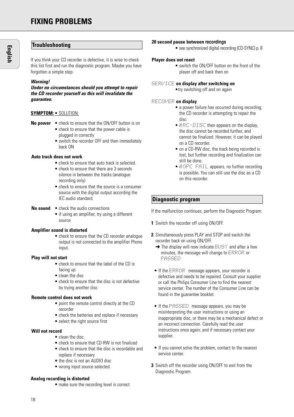 Fixing problems | Philips CDR 560 User Manual | Page 20 / 55