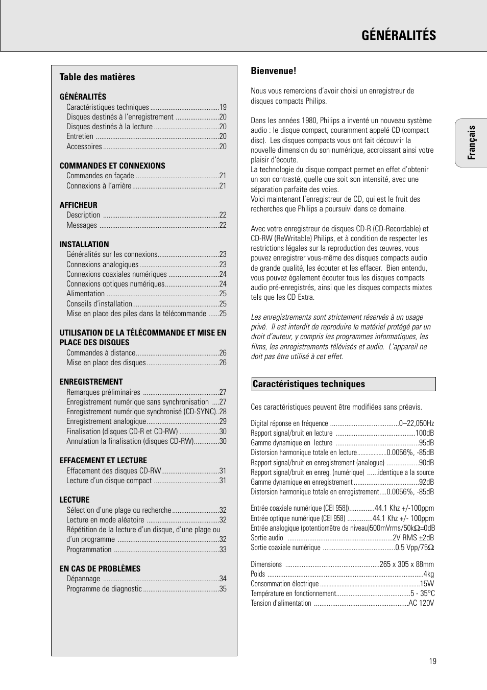 Généralités | Philips CDR 560 User Manual | Page 21 / 55