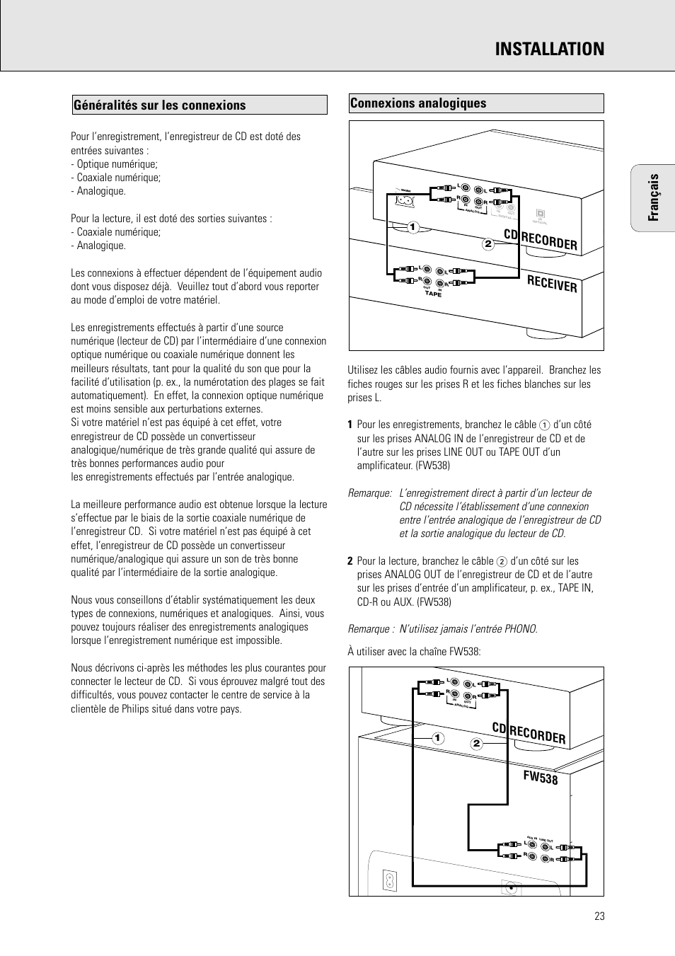 Installation, Français, Fw538 cd recorder | Receiver cd recorder | Philips CDR 560 User Manual | Page 25 / 55