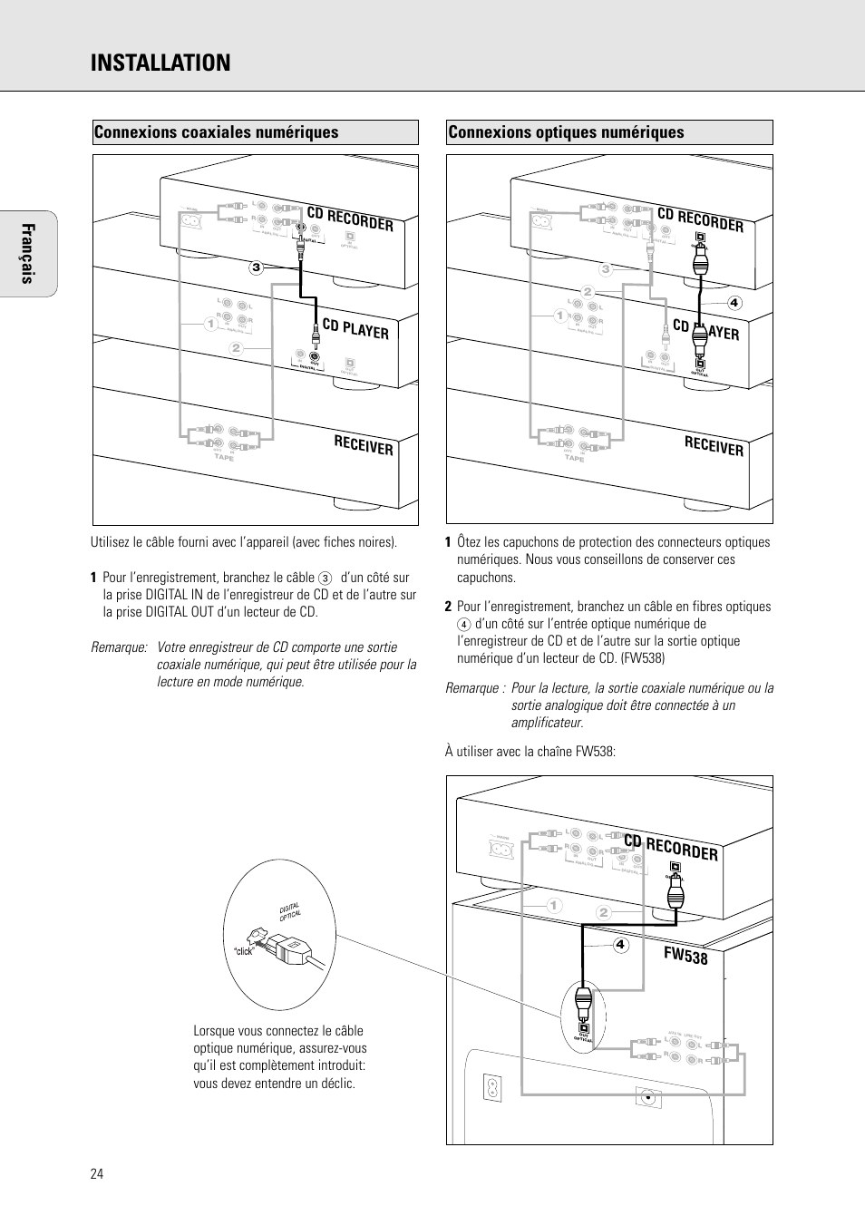 Installation, Français, Connexions optiques numériques | Connexions coaxiales numériques, Fw538, Cd recorder, Receiver cd pla yer | Philips CDR 560 User Manual | Page 26 / 55