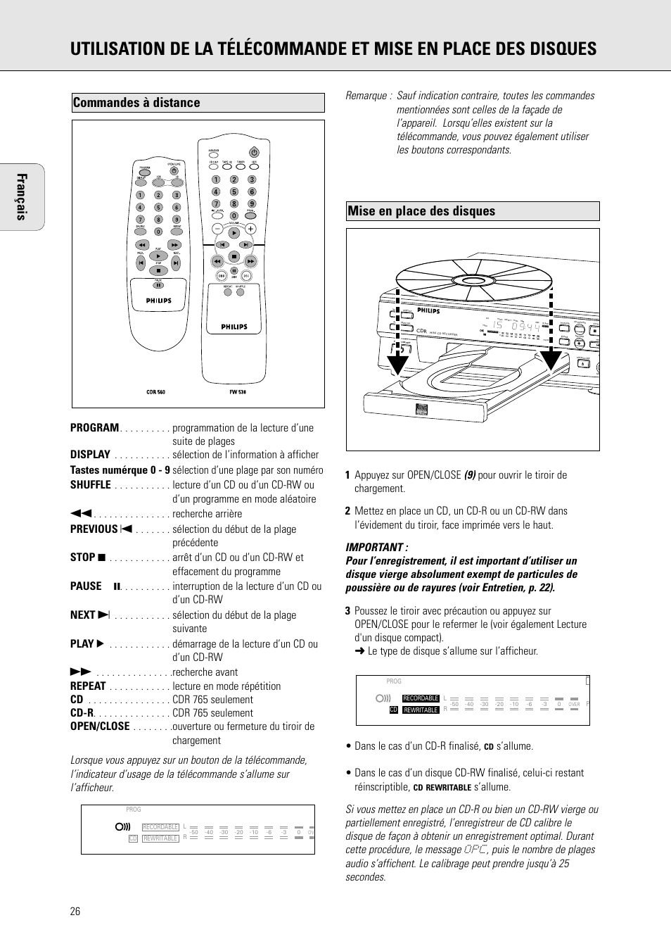 Français, Mise en place des disques, Commandes à distance | Philips CDR 560 User Manual | Page 28 / 55