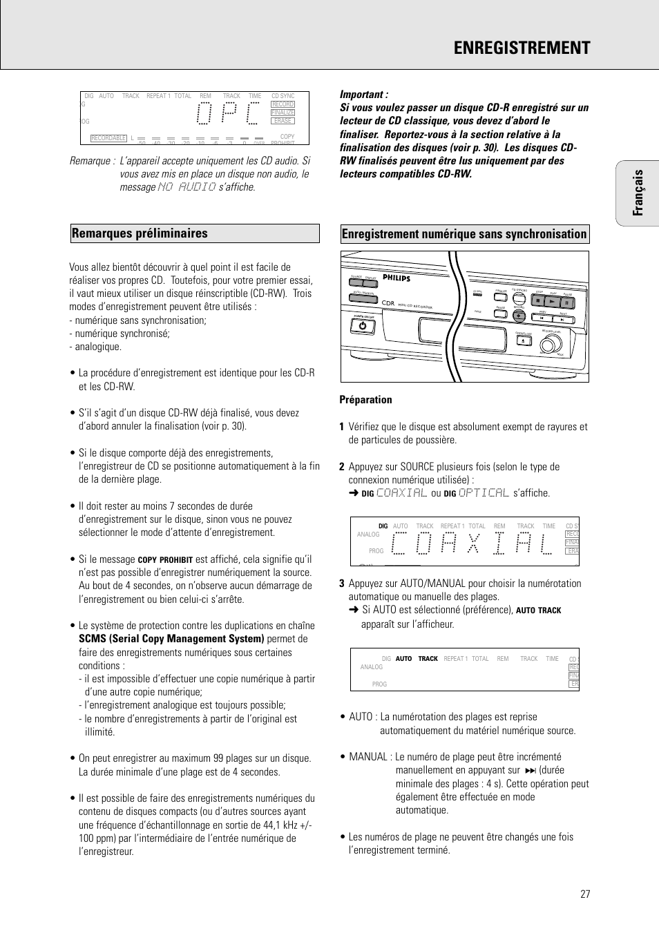 Enregistrement, Français, Coaxial ou | Philips CDR 560 User Manual | Page 29 / 55