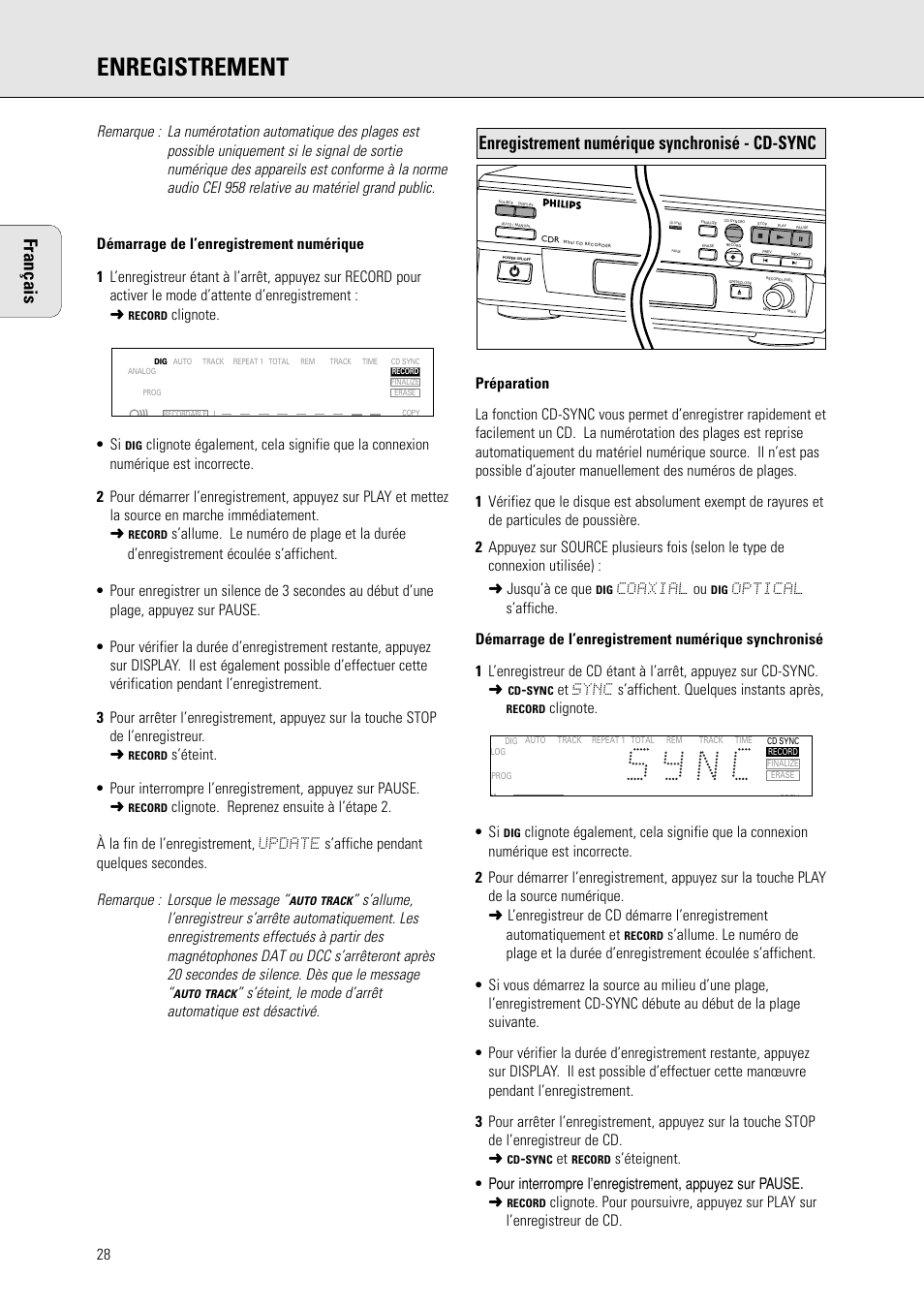 Enregistrement, Enregistrement numérique synchronisé - cd-sync, Français | Coaxial ou, Et sync s’affichent. quelques instants après | Philips CDR 560 User Manual | Page 30 / 55