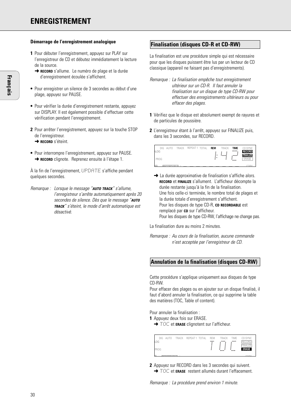 Enregistrement, Annulation de la finalisation (disques cd-rw), Finalisation (disques cd-r et cd-rw) français | Philips CDR 560 User Manual | Page 32 / 55