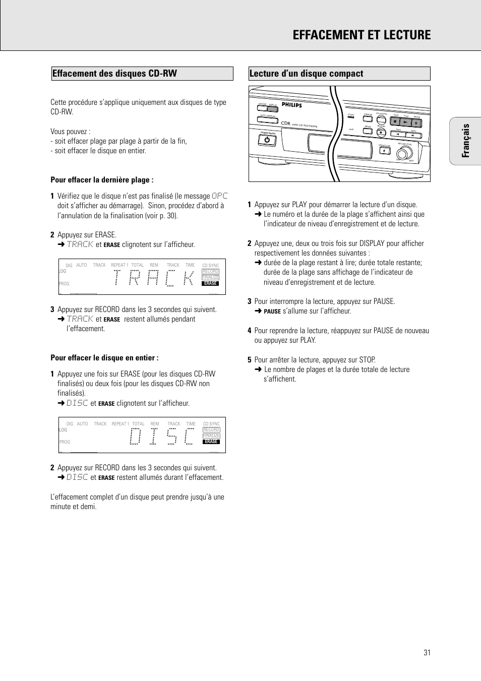 Effacement et lecture, Lecture d’un disque compact, Effacement des disques cd-rw français | Philips CDR 560 User Manual | Page 33 / 55