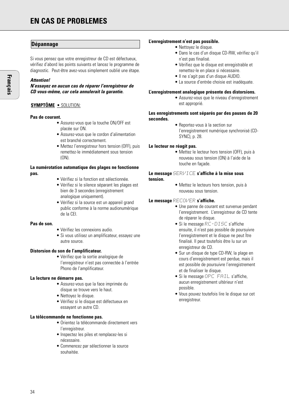 En cas de problemes | Philips CDR 560 User Manual | Page 36 / 55