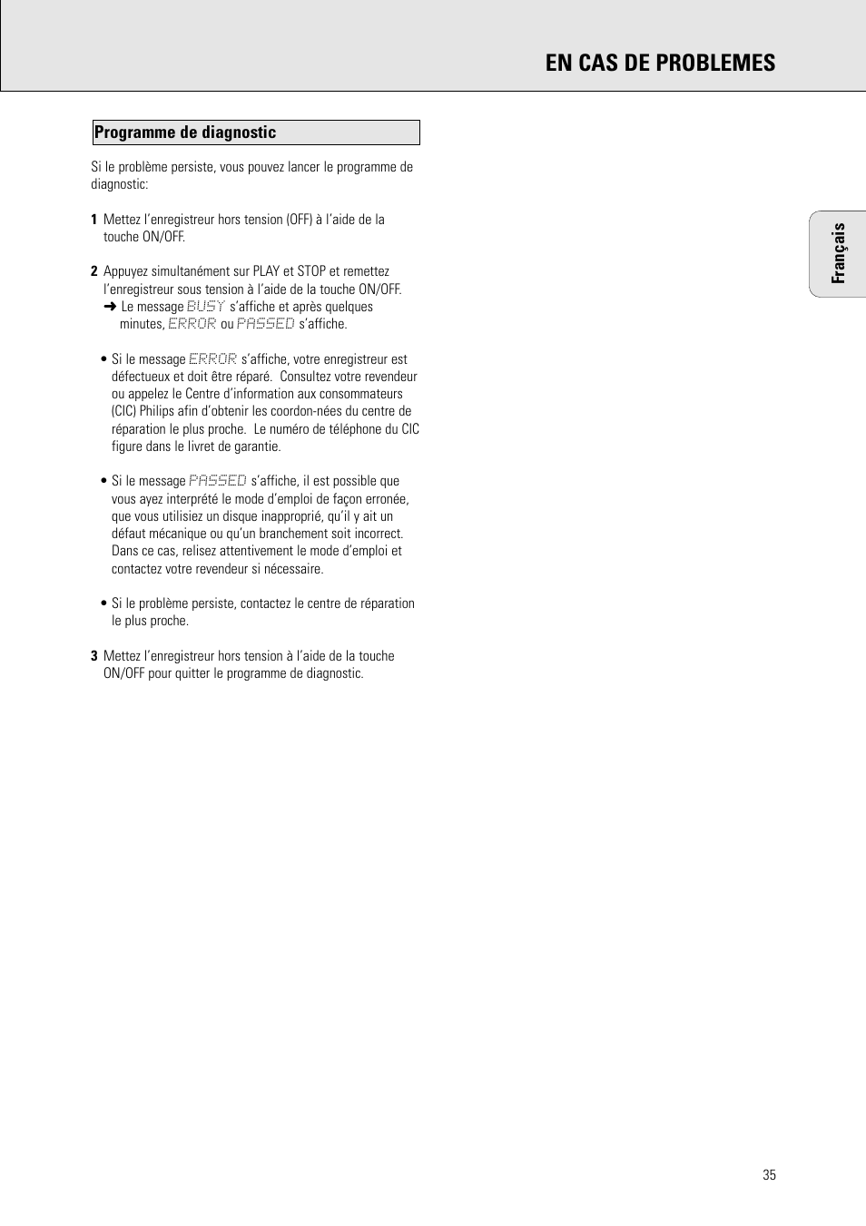 En cas de problemes | Philips CDR 560 User Manual | Page 37 / 55