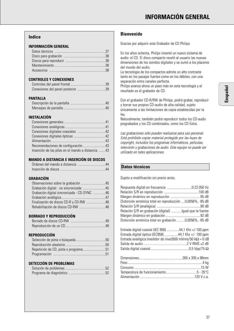 Información general | Philips CDR 560 User Manual | Page 39 / 55