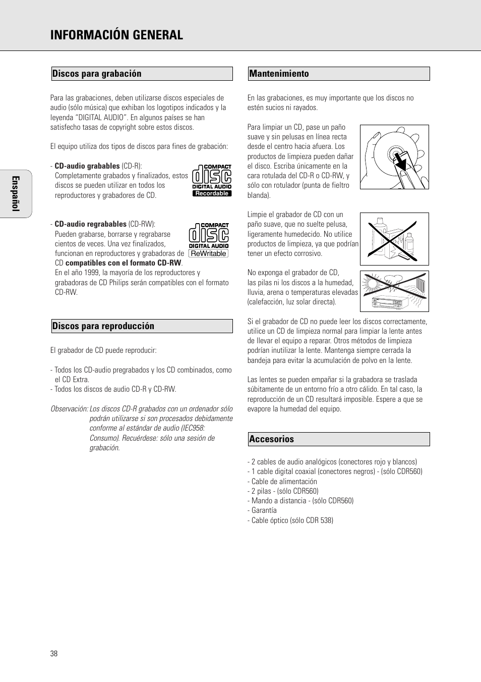 Información general, Accesorios, Mantenimiento discos para reproducción | Discos para grabación, Enspañol | Philips CDR 560 User Manual | Page 40 / 55