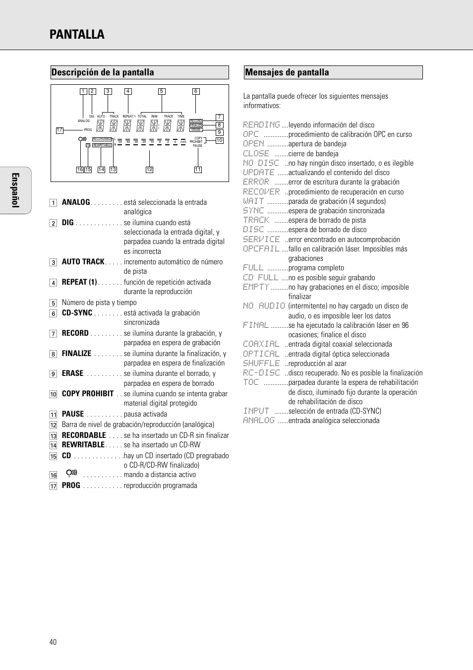 Pantalla, Enspañol, Mensajes de pantalla | Descripción de la pantalla | Philips CDR 560 User Manual | Page 42 / 55