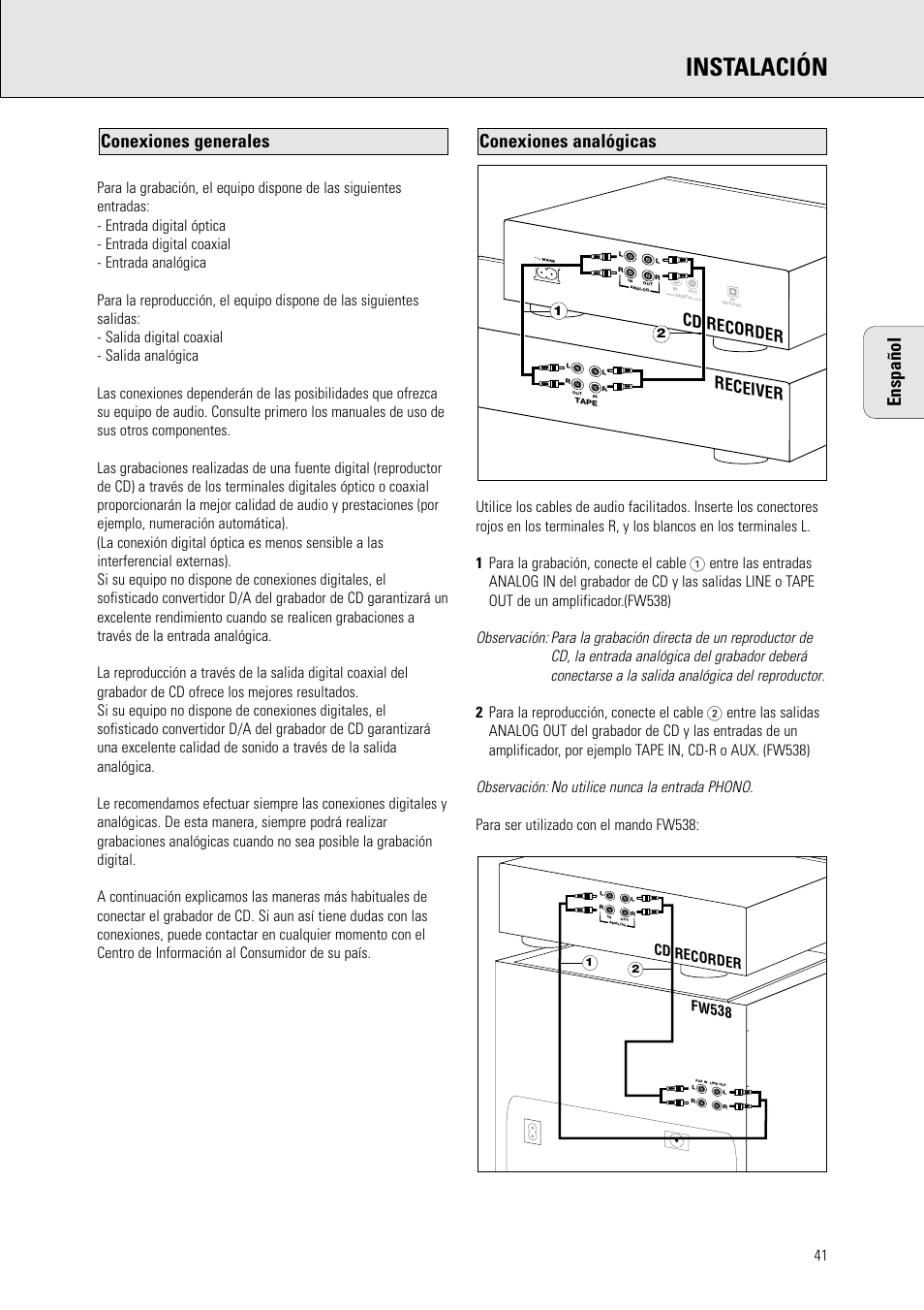 Instalación, Enspañol, Conexiones analógicas conexiones generales | Receiver cd recorder, Fw538 cd recorder | Philips CDR 560 User Manual | Page 43 / 55