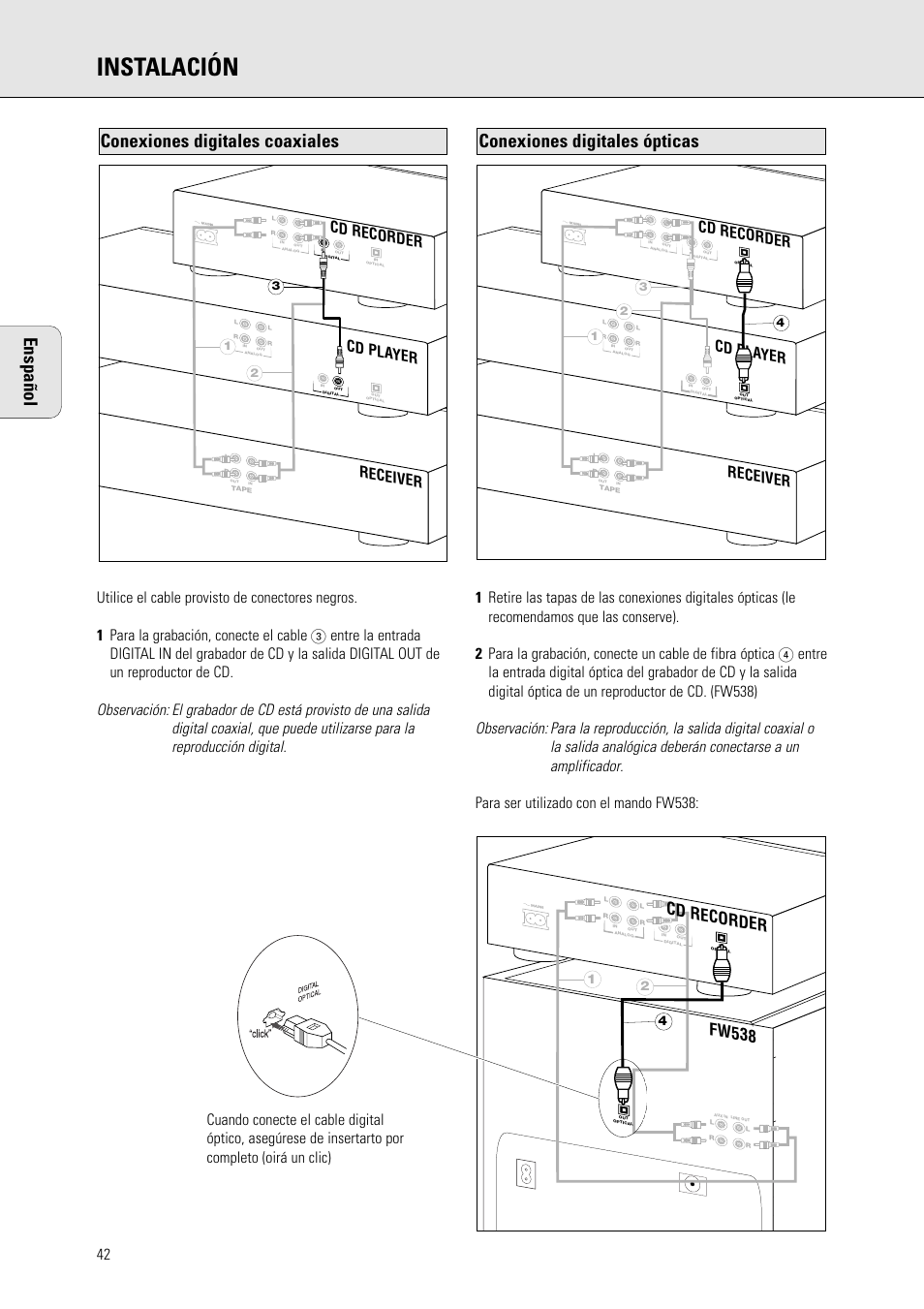 Instalación, Enspañol, Conexiones digitales ópticas | Conexiones digitales coaxiales, Fw538, Cd recorder, Receiver cd pla yer | Philips CDR 560 User Manual | Page 44 / 55