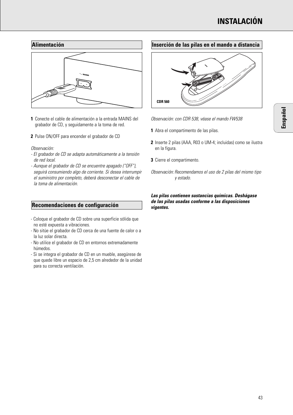 Instalación | Philips CDR 560 User Manual | Page 45 / 55