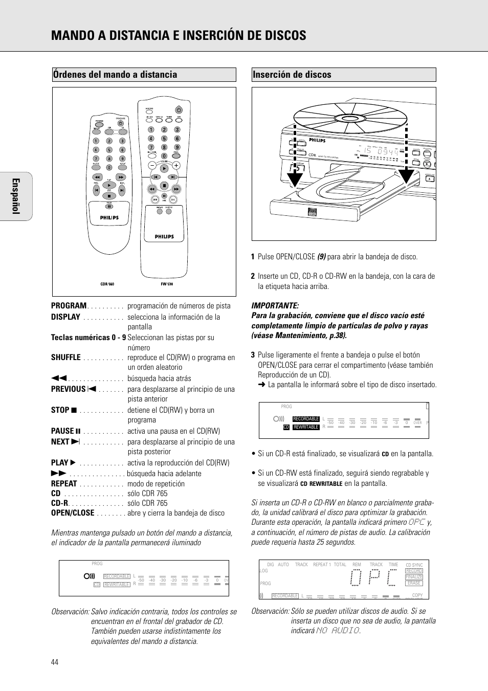Mando a distancia e inserción de discos, Enspañol, Inserción de discos | Órdenes del mando a distancia | Philips CDR 560 User Manual | Page 46 / 55