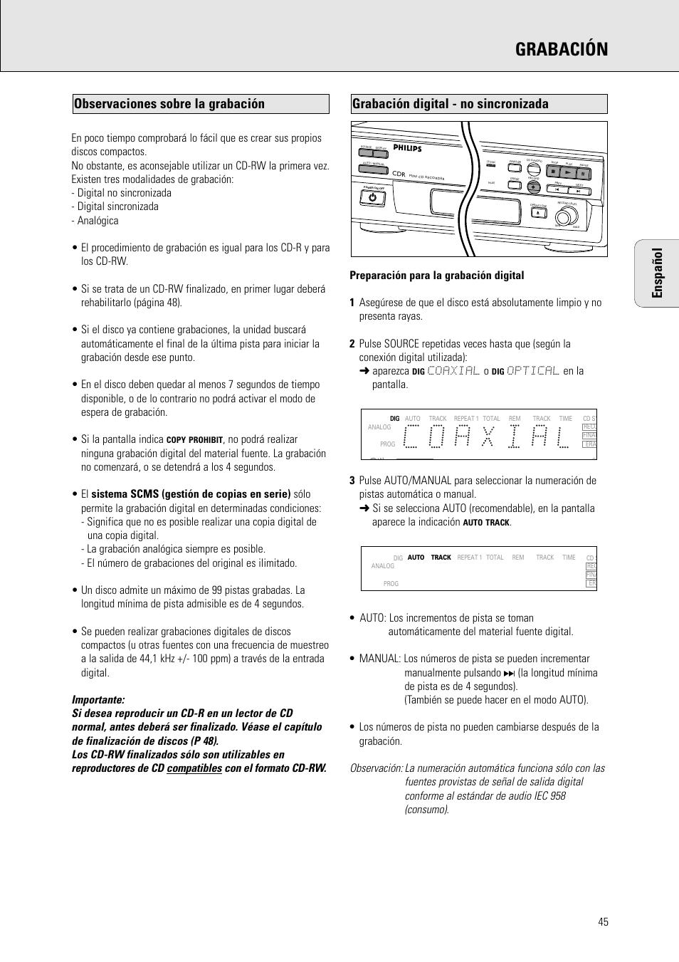 Grabación, Coaxial o | Philips CDR 560 User Manual | Page 47 / 55