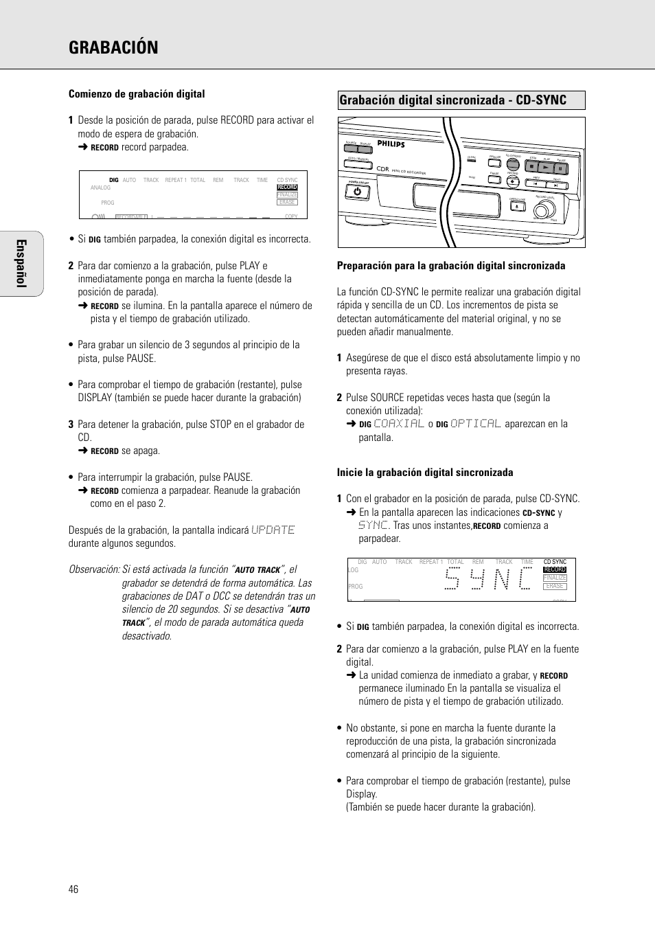 Grabación, Grabación digital sincronizada - cd-sync, Enspañol | Record parpadea. • si, Coaxial o, Ysync. tras unos instantes, Comienza a parpadear. • si | Philips CDR 560 User Manual | Page 48 / 55