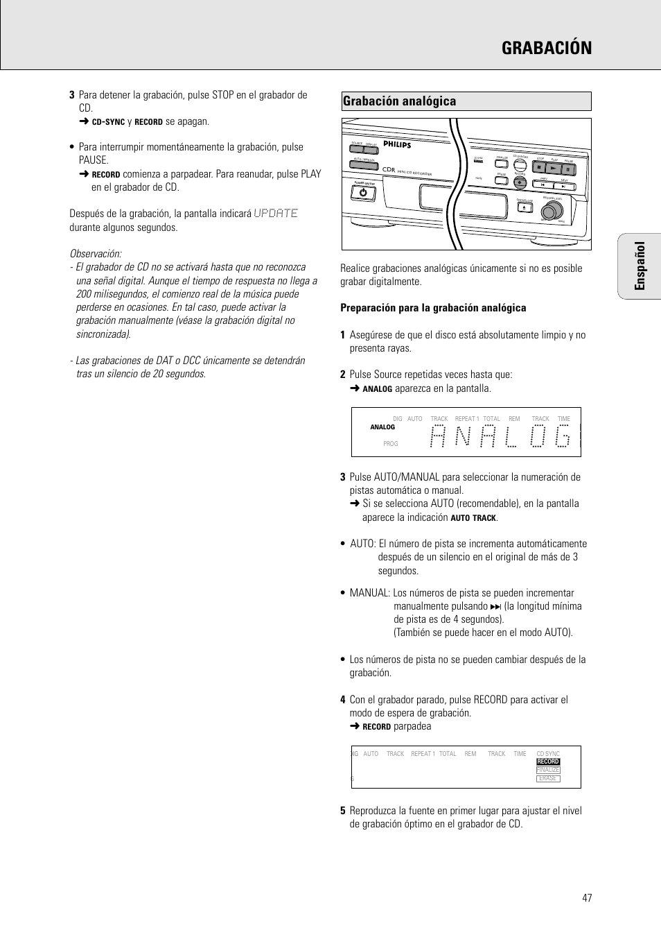 Grabación, Grabación analógica enspañol | Philips CDR 560 User Manual | Page 49 / 55