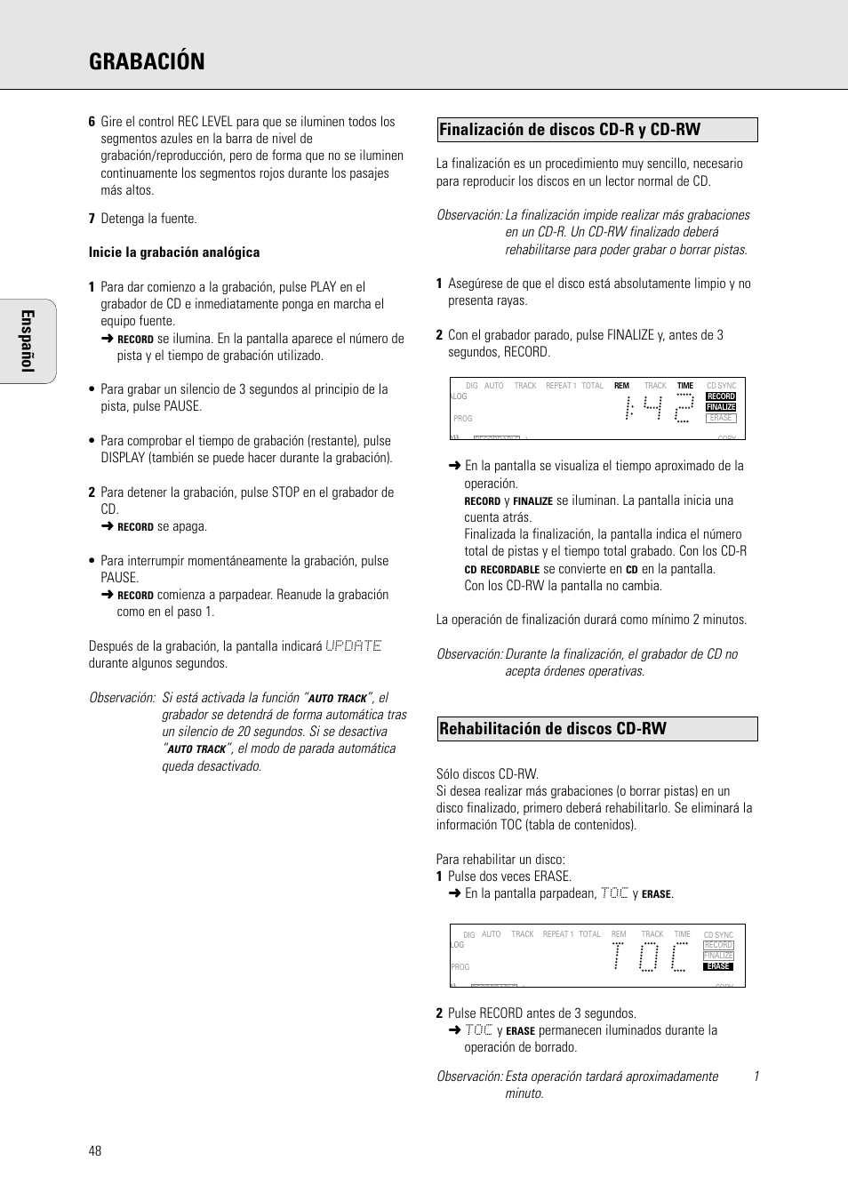 Grabación, Rehabilitación de discos cd-rw, Finalización de discos cd-r y cd-rw enspañol | Philips CDR 560 User Manual | Page 50 / 55