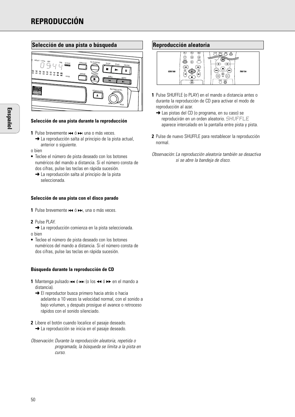 Reproducción, Enspañol, Reproducción aleatoria | Selección de una pista o búsqueda | Philips CDR 560 User Manual | Page 52 / 55