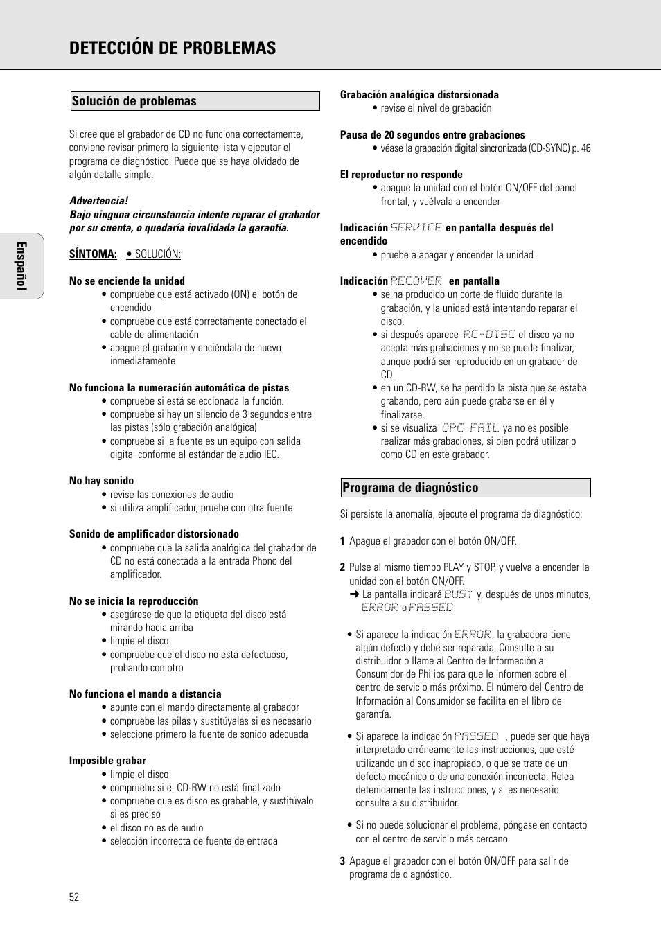 Detección de problemas | Philips CDR 560 User Manual | Page 54 / 55