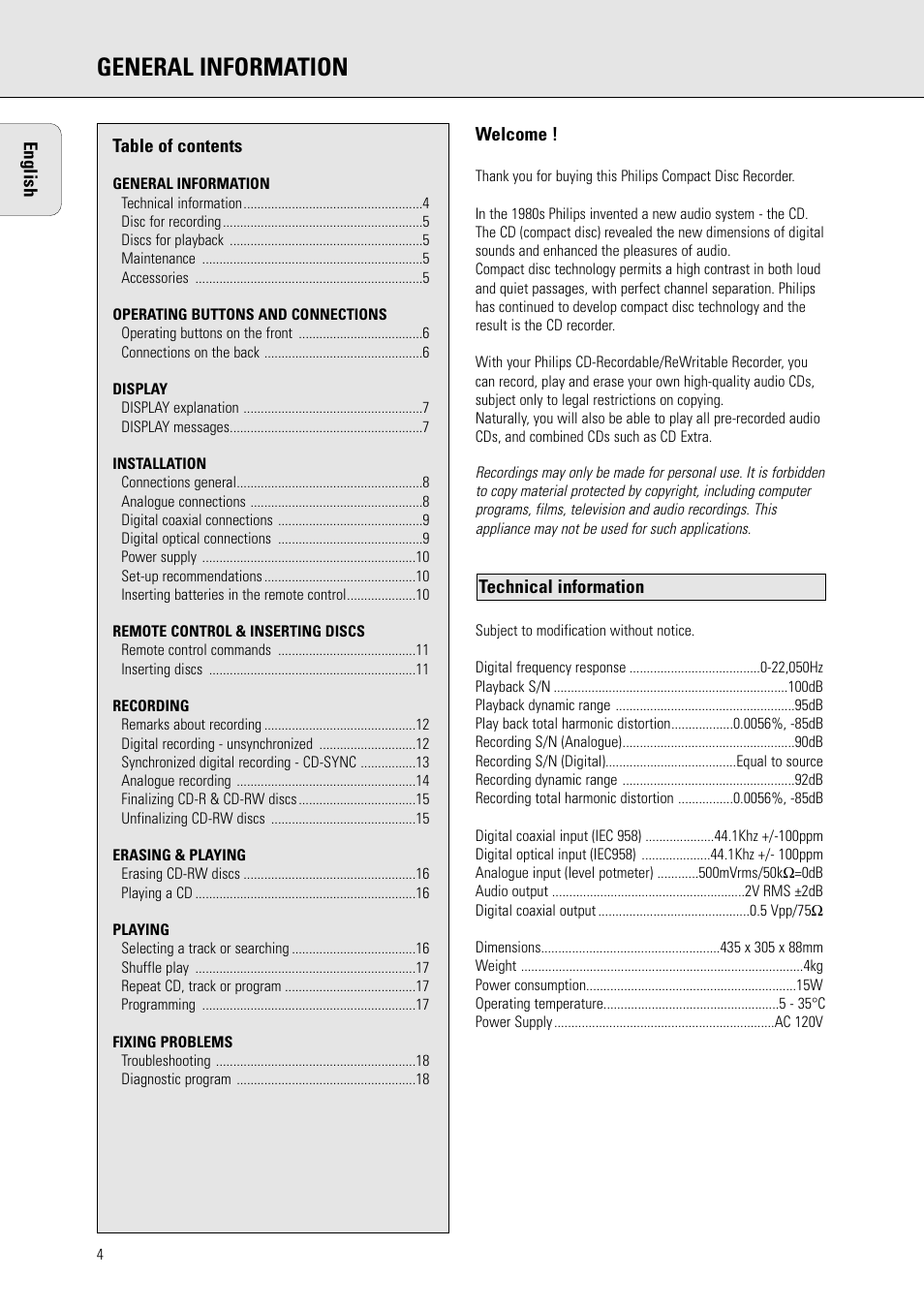 General information | Philips CDR 560 User Manual | Page 6 / 55