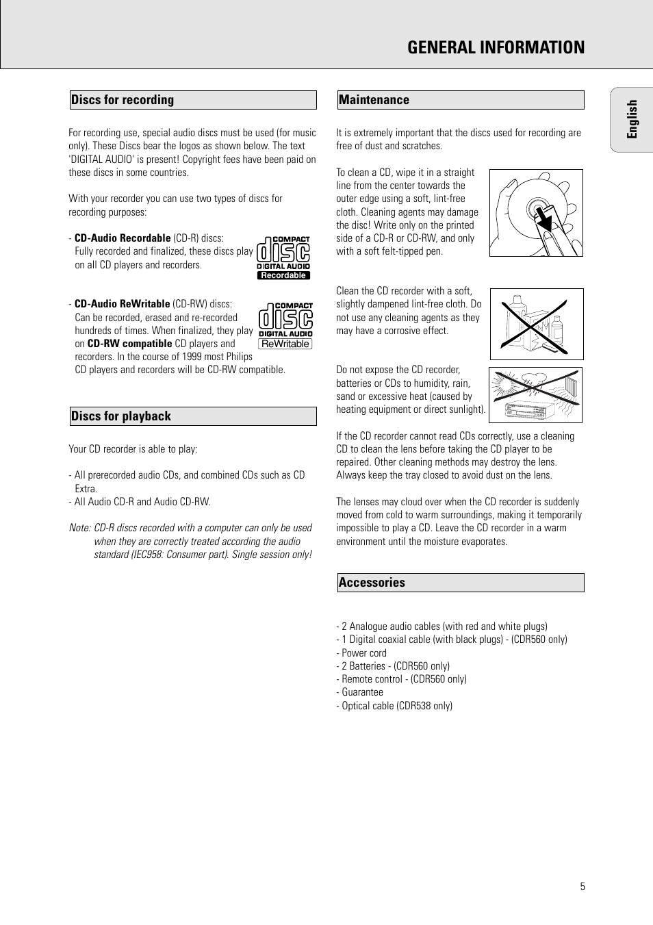 General information, English, Accessories | Maintenance discs for playback, Discs for recording | Philips CDR 560 User Manual | Page 7 / 55