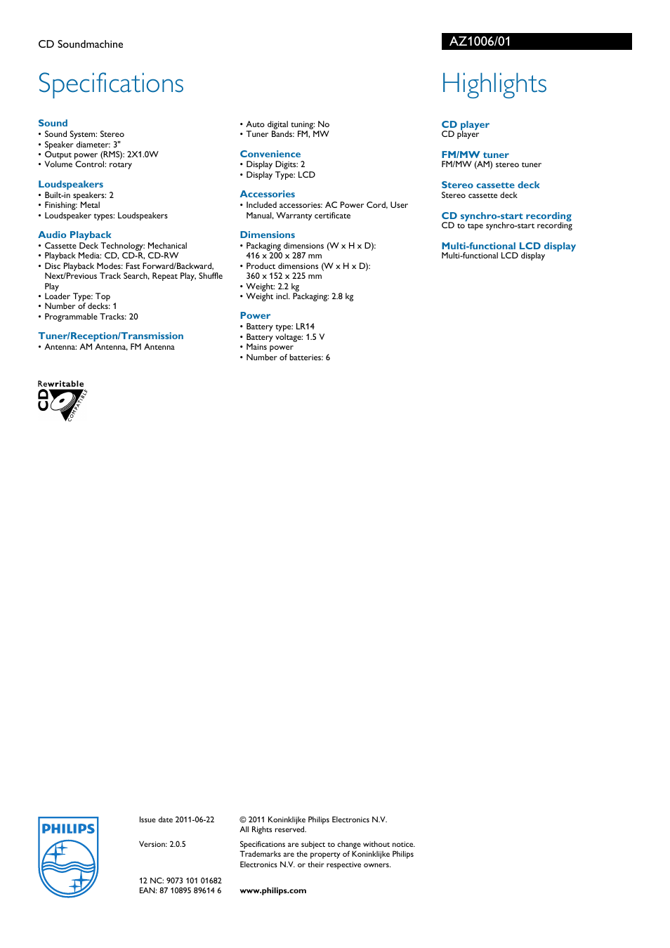 Specifications, Highlights | Philips AZ1006/01 User Manual | Page 2 / 2