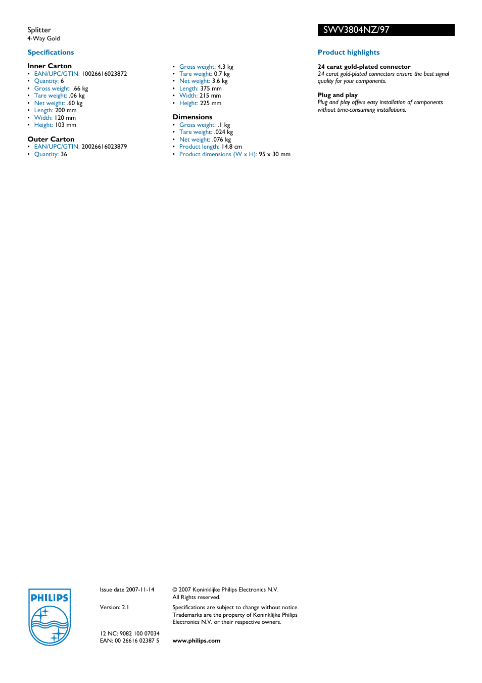 Philips 4-Way SWV3804NZ/97 User Manual | Page 2 / 2