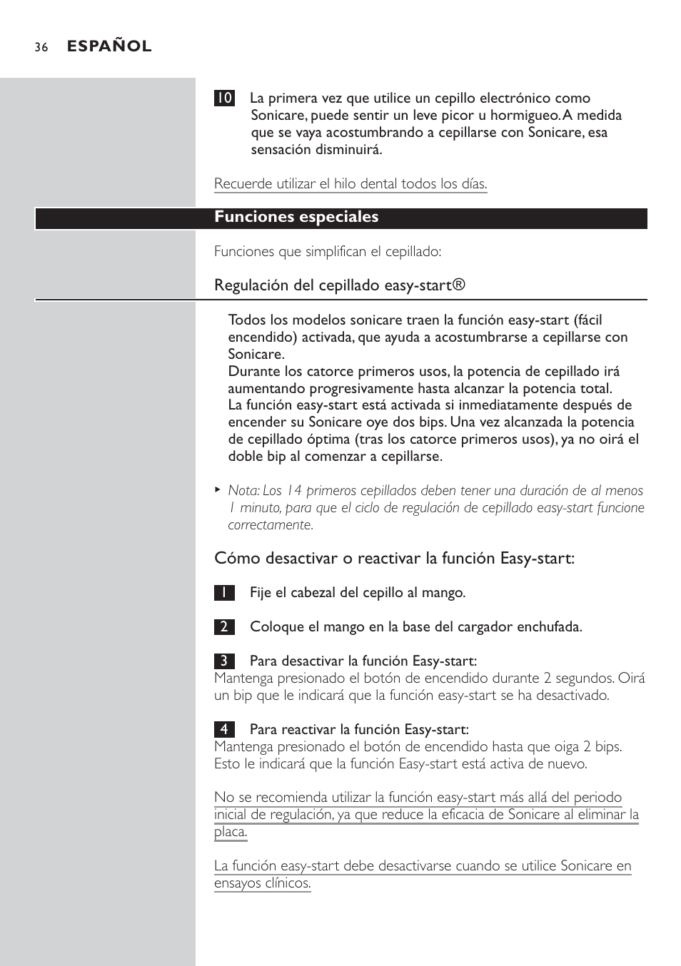 Cómo desactivar o reactivar la función easy-start | Philips Sonicare 7800 User Manual | Page 36 / 48
