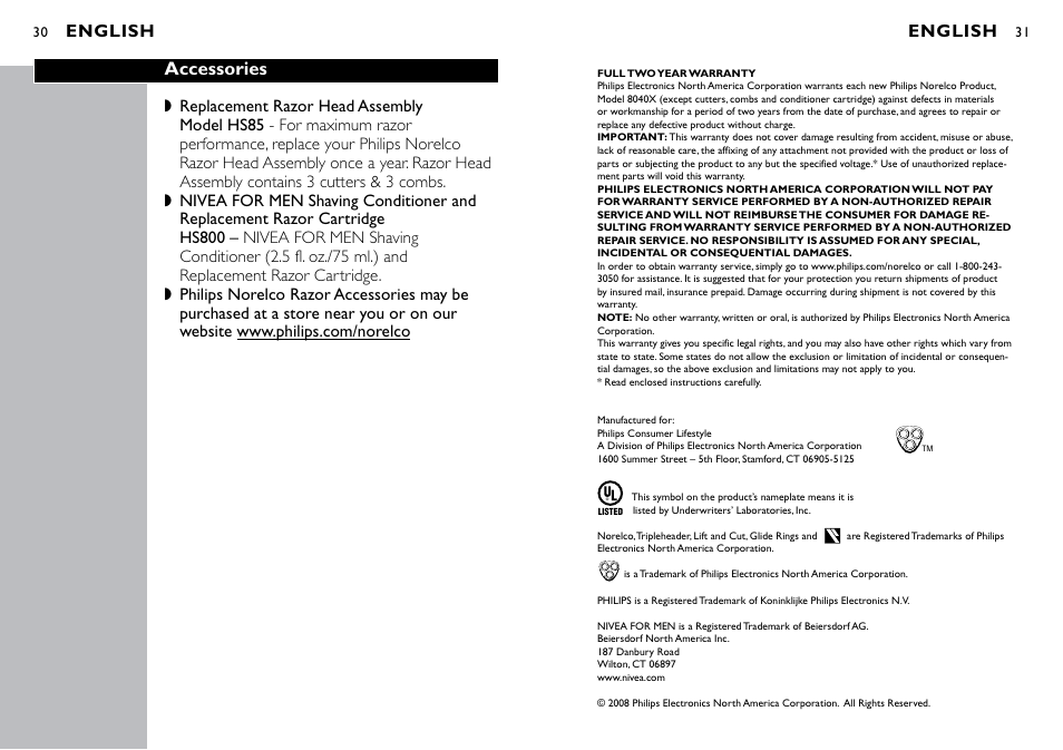 English, English accessories | Philips 8040X User Manual | Page 16 / 16