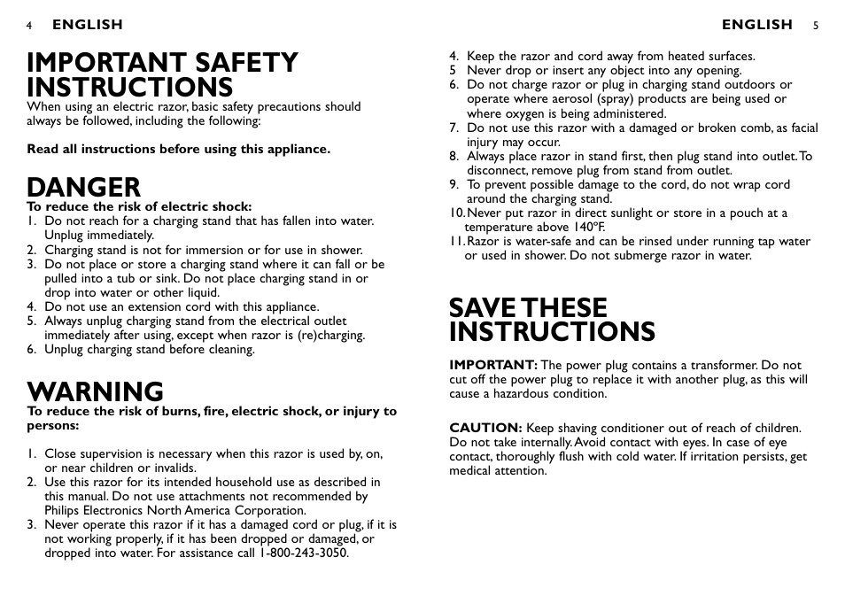 Save these instructions, Important safety instructions, Danger | Warning | Philips 8040X User Manual | Page 3 / 16