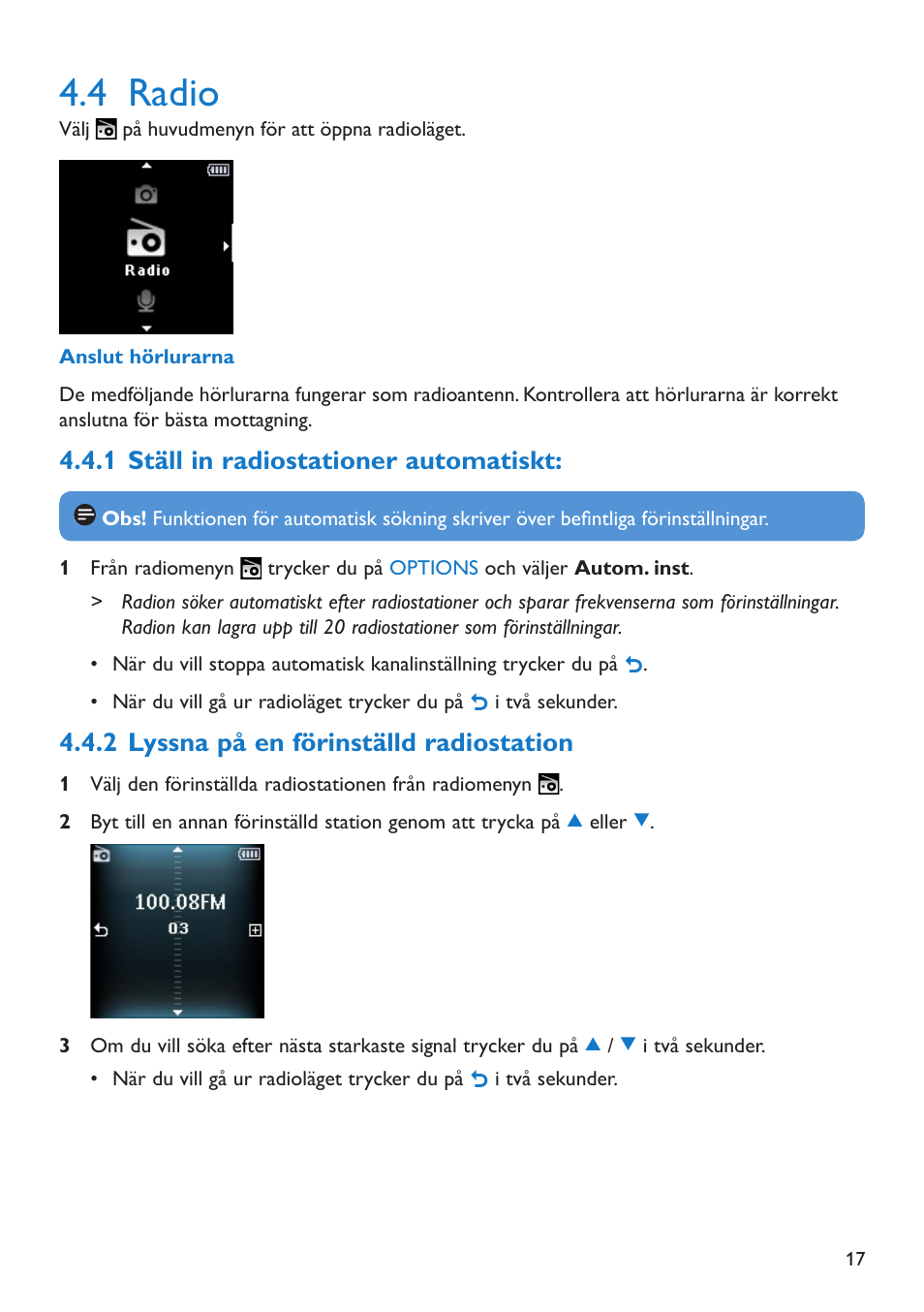 4 radio, 1 ställ in radiostationer automatiskt, 2 lyssna på en förinställd radiostation | Radio, Ställ in radiostationer automatiskt, Lyssna på en förinställd radiostation | Philips GO GEAR SA2925 User Manual | Page 19 / 32