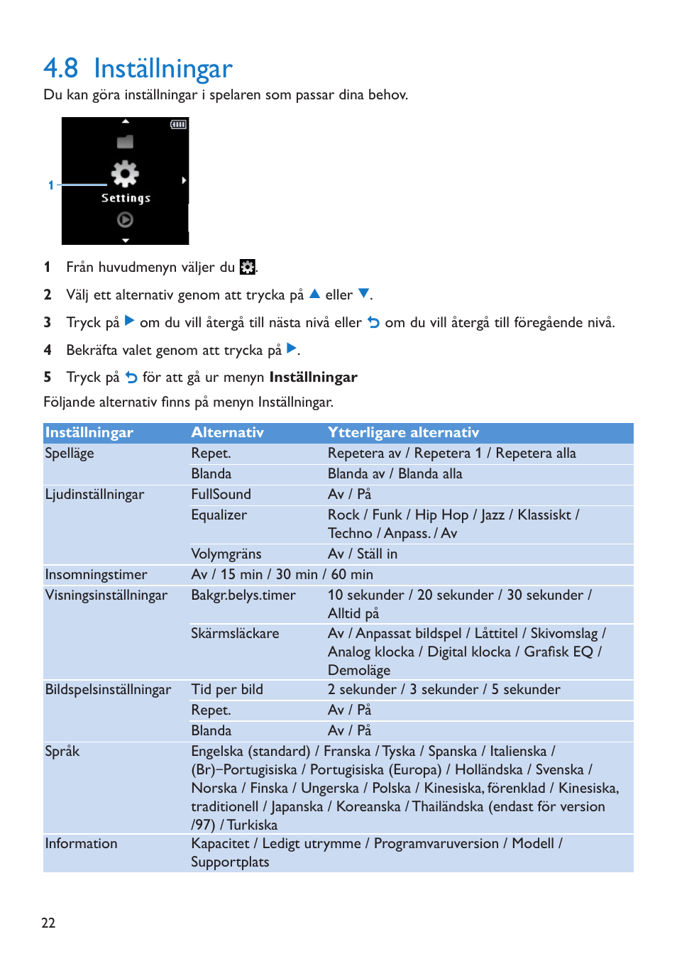 8 inställningar, Inställningar | Philips GO GEAR SA2925 User Manual | Page 24 / 32