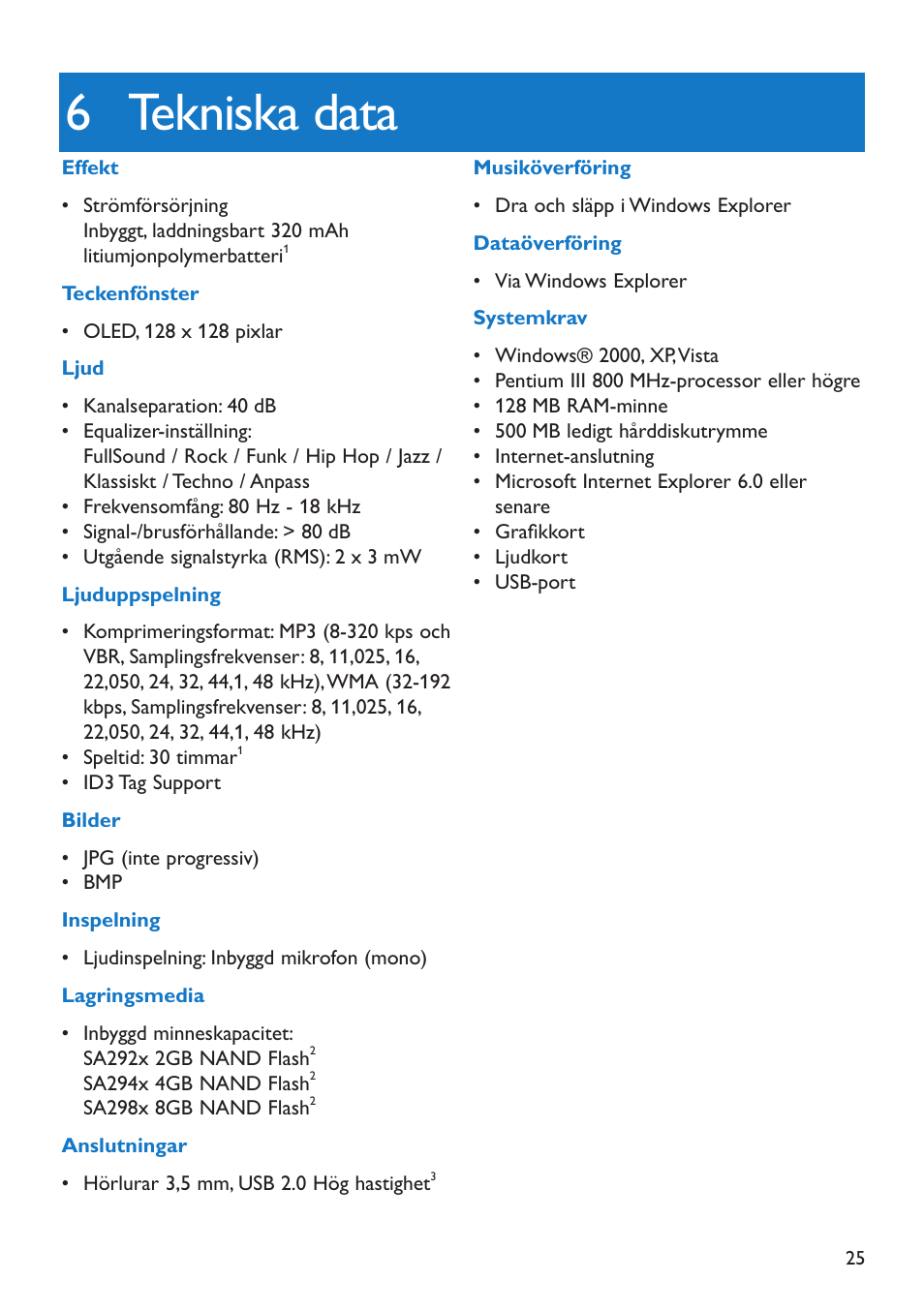 6 tekniska data, Tekniska data | Philips GO GEAR SA2925 User Manual | Page 27 / 32