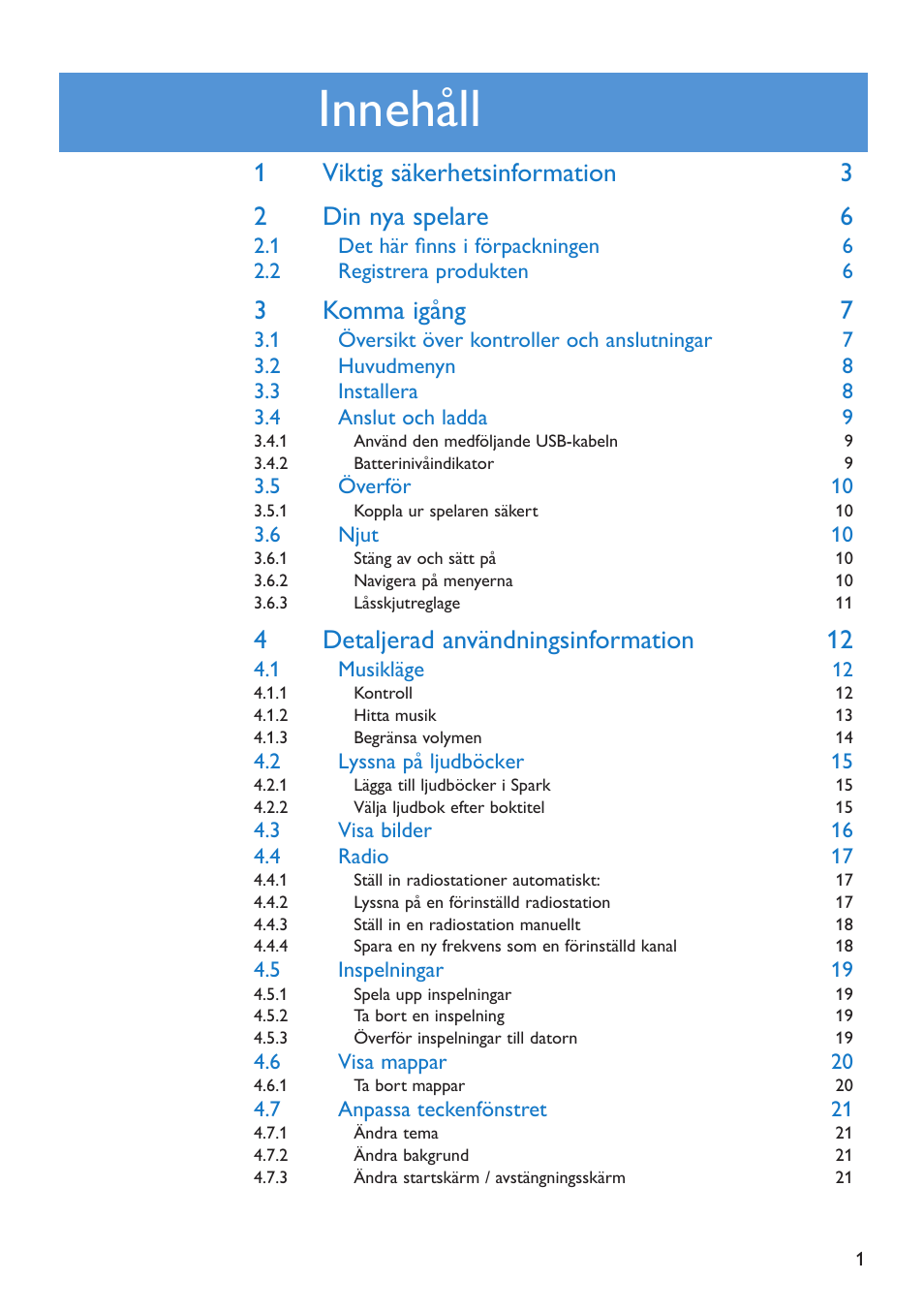 Innehåll, Viktig säkerhetsinformation 3 2 din nya spelare 6, 3komma igång 7 | 4detaljerad användningsinformation 2 | Philips GO GEAR SA2925 User Manual | Page 3 / 32