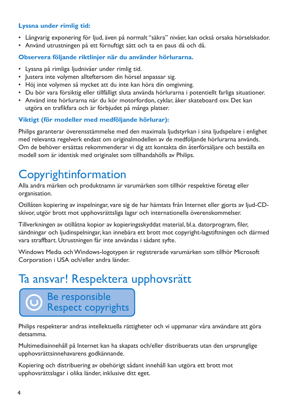 Copyrightinformation, Ta ansvar! respektera upphovsrätt | Philips GO GEAR SA2925 User Manual | Page 6 / 32